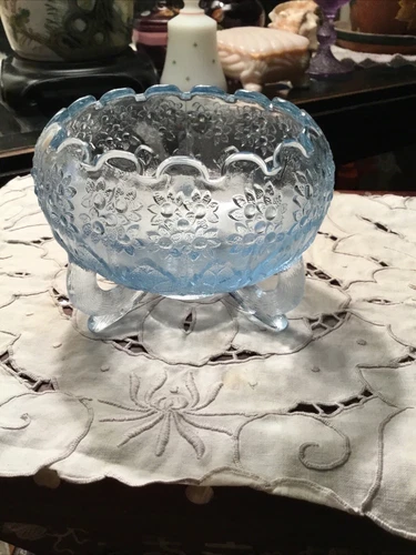 Fenton Art Glass ICE BLUE 3 Footed Rose Bowl Orange Tree Pattern 1980's