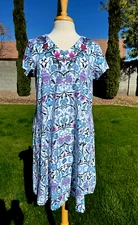Go Softly Patio Dress Sz L Soft Knit Zip Front Tile Print Beaded Embroidered NWT