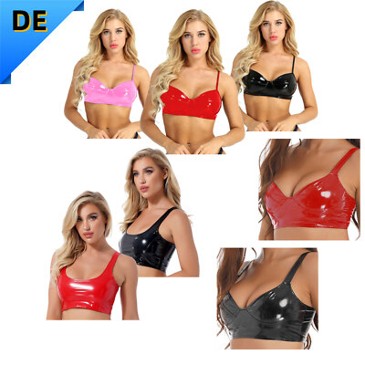 DE Damen Wet Look PVC Push Up BH Crop Tops Lackleder Bustier Bralette Clubwear