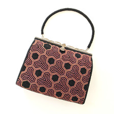 Japanese Vintage Beaded Evening Bag Vaisravana Pattern Black/Red/Gold 7x5 in