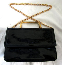 Vintage Saks Fifth Ave Black Patent Leather Purse Gold Handles  Shoulder Chain