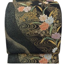 Japanese Kimono Fukuro obi excellent item flowers running water gold thread