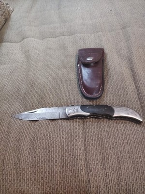 Eye Catching Damascus Steel Folding Knife, Hand Made, DB-5062-ENG & Leather Case