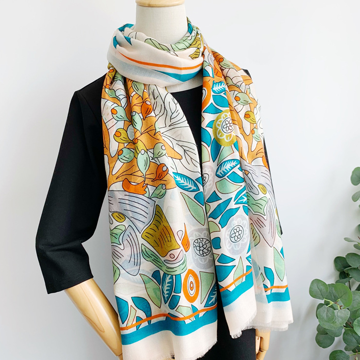Pure Cashmere Silk Bandanna Scarf Wrap with Blue Leaves Print 200x100cm