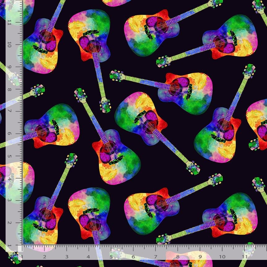 Music Fabric | Tossed Painted Guitar Rainbow Black | Timeless Treasures YARD