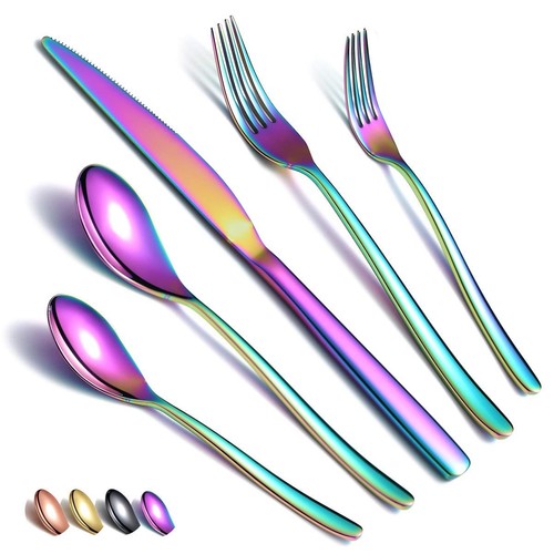 Rainbow Flatware Set 20 Pieces Stainless Steel Colorful Silverware Set Titani...