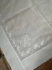 Antique 19th Century Linon Embroidery Handkerchief circa 1890 41x43 Monogram Flowers Lilies