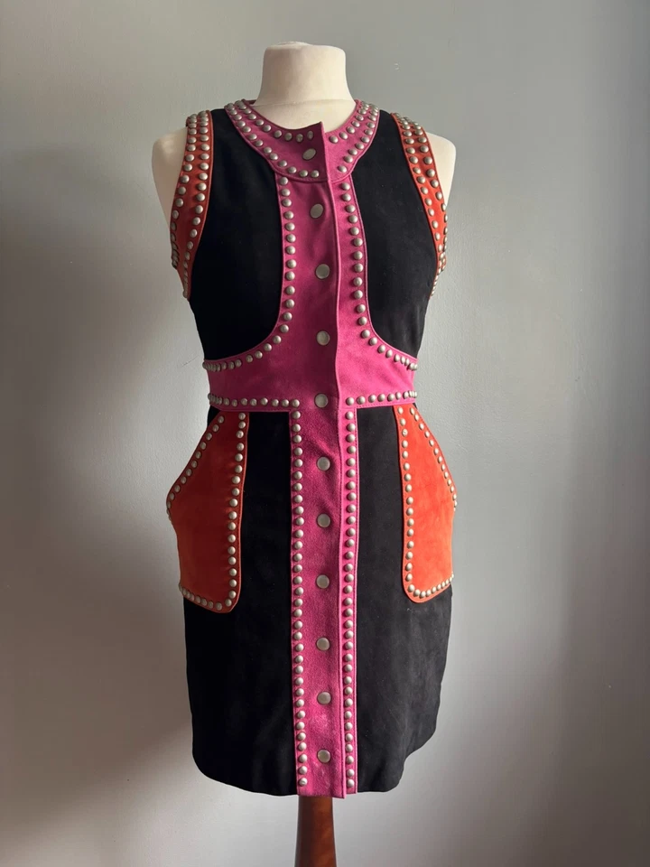 NASTY GAL suede DRESS 8 small LONG GILET leather block black orange pink studs