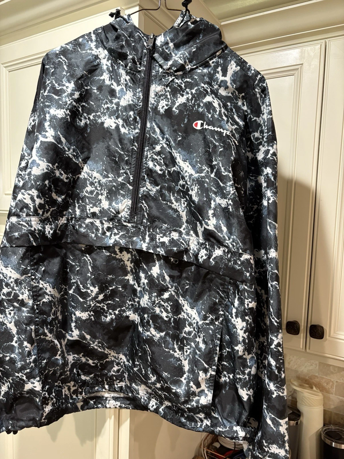 Champion Men Large Black Marbled Packable Windbreaker Pullover Hood Jacket