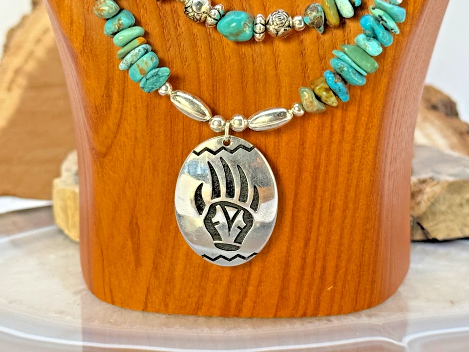 Navajo Native Turquoise Sterling Beaded Necklace Bearclaw Pendant--2303.25 - Image 3 of 4