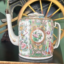 Early 19th Century Chinese Export Rose Medallion Branch Handle Porcelain Teapot