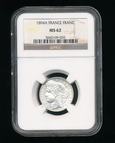 1894A France Franc NGC MS 62 RARE HIGH GRADE