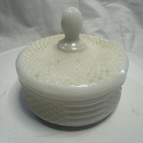 Vintage Milk Glass Powder Puff Trinket Dish With Lid