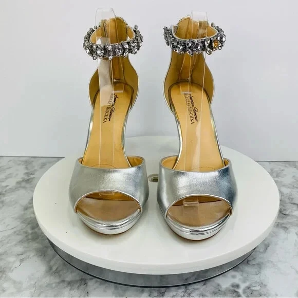 Badgley Mischka Sandals Heels Women 8 Metallic Silver Rhinestone Bridal Party - Image 3 of 4