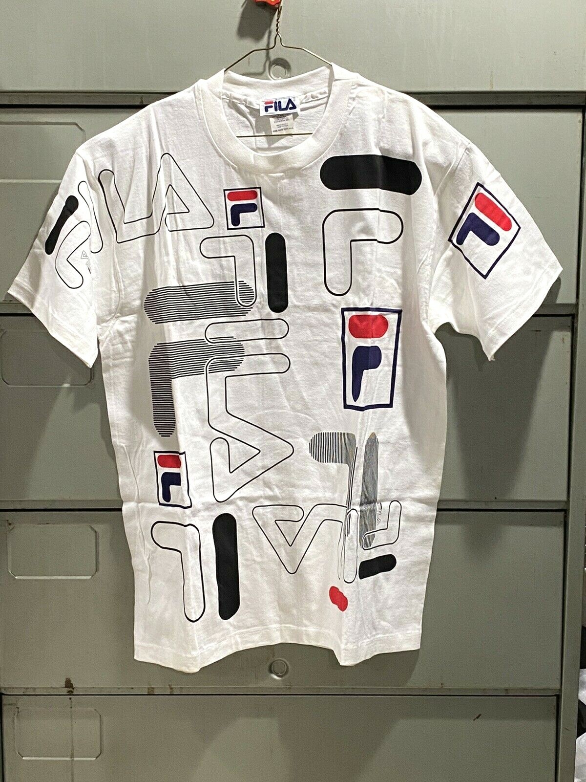 NUOVO Vintage anni 90 Fila Spellout Stampa All Over Punto Singolo Taglia XXL