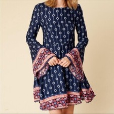Altar’d State Juneau Navy Dress Sz S Boho Bell Sleeves Fringe Embellishments Zip