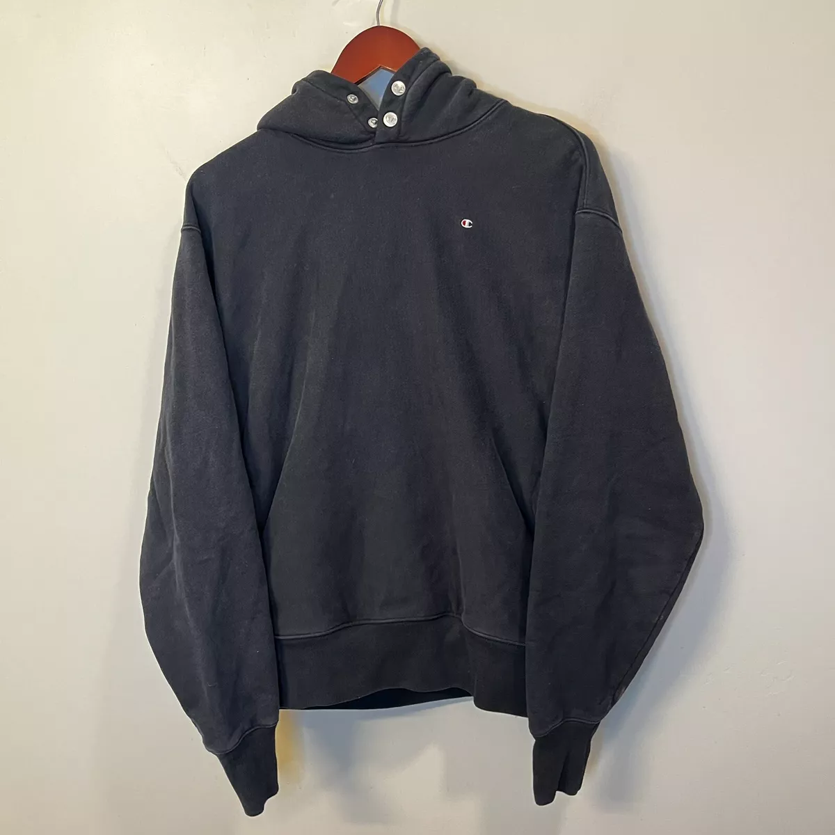 VTG 90s Champion Reverse Weave Snap Button Hoodie Sweatshirt Black Rare Large