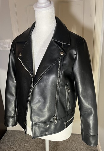 Zara Faux Leather Kids Laper Collar Black Moto Assymetrical Biker Jacket Size 10 - Picture 7 of 14