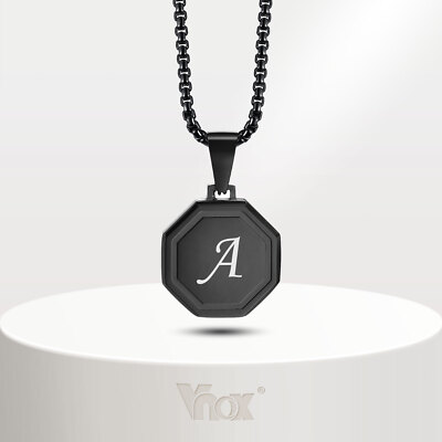 Vnox A-Z Initial Letter Necklaces for Men, Black Octagon Geometric