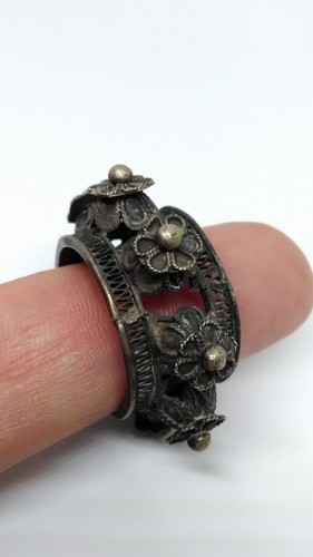 Anello antico tribale pezzo unico da collezione uomo per donna fiore in argento - Foto 5 di 6