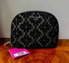 Kate Spade Black  Metallic Silver Jacquard Spade Flower Large Dome Cosmetic Bag