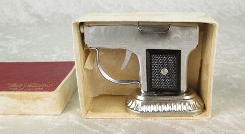 Fly Pistol Metal Gun Table Lighter on Stand Made Occupied Japan Original Box