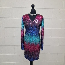 Jeuvre Sequin Mini Dress UK 12 Party Cocktail Rainbow Ombre Long Sleeve 