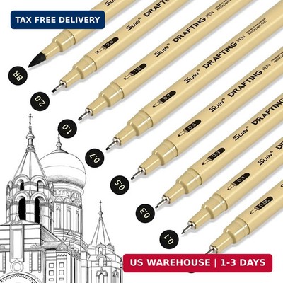SUIN 8 Pack Black Fineliner Pens, Waterproof Drafting Pens with Assorted Micro T
