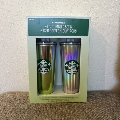 Starbucks 2pk 24 Oz Tumbler Set with 6 Iced Coffee K-Cup Pods Green and Silver