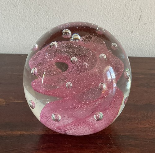 Lovely Clear And Pink Swirl Glass Paperweight