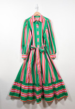 Boden Dress UK 14 Green Midi Pink Shirt Belted Striped Tiered Buttoned Bright