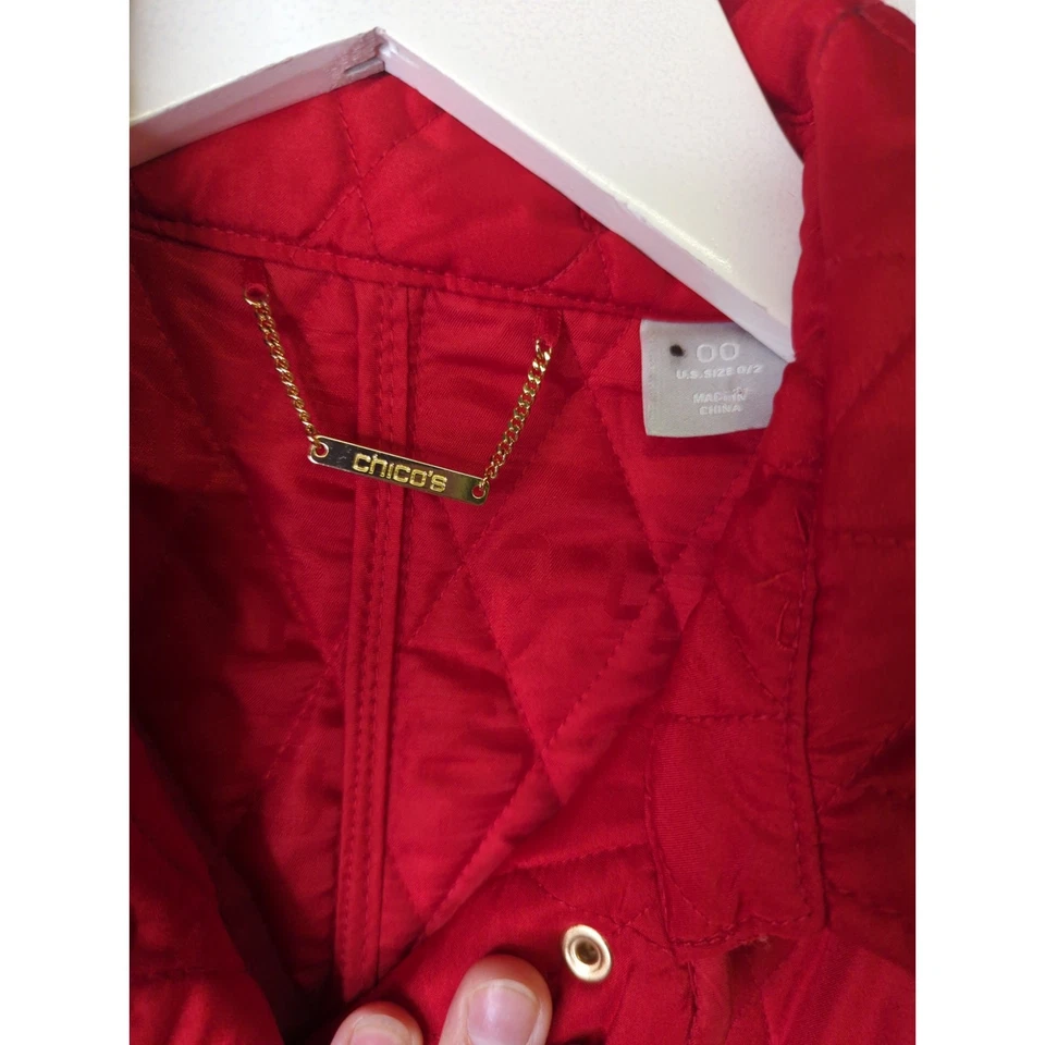 Nwt chicos 0/2 red puffer jacket quilted mid length leather outerwear wild poppy - Image 3 of 4