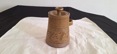 VINTAGE ATTRAKTIVER STEINGUT TOPF / GLAS MIT DECKEL UND GRIFF