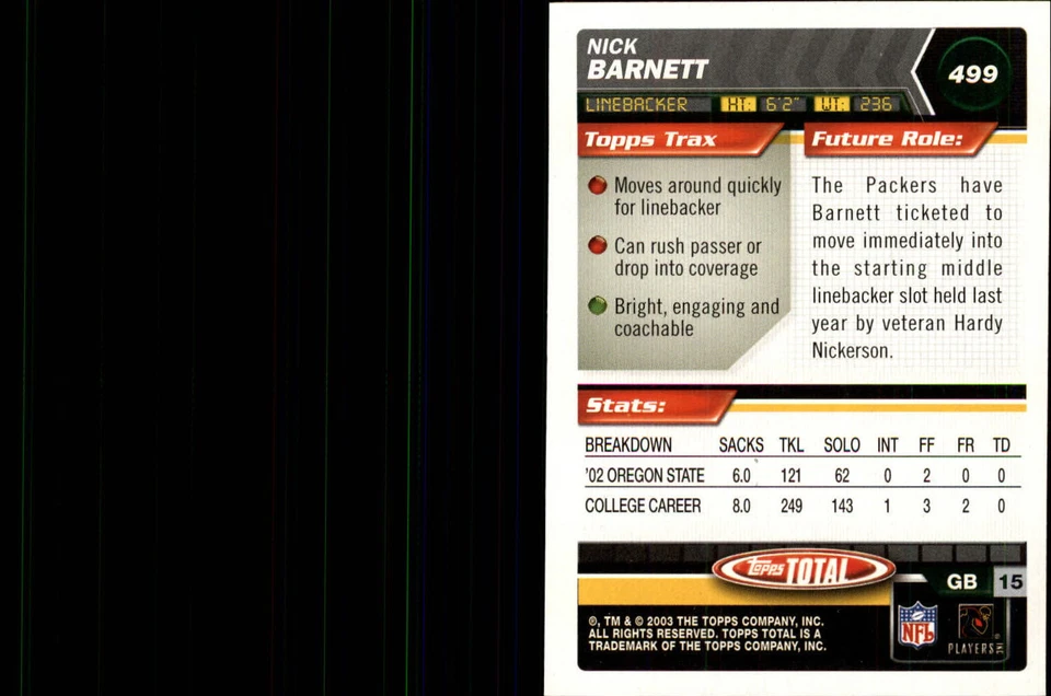 2003 Topps Total #499 Nick Barnett RC Rookie Card - Image 2 of 2