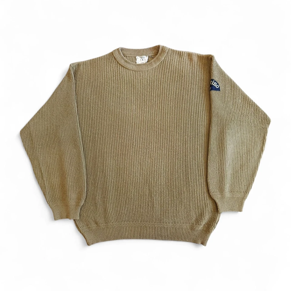 Valentino 1980s Vintage Ribbed Cotton Olive Green Crewneck Sweater Boxyfit Sz M - Imagen 2 de 4