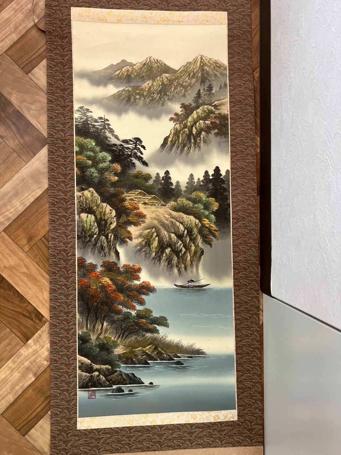 Colorful Japanese Hanging Scroll Landscape Painting with Mount Fuji and Autumn F