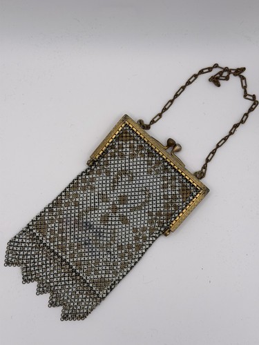 Whiting Davis Enameled Mesh Handbag With Embossed Silver Frame Vintage 1920s