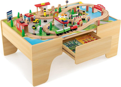 Train Table, 3-In-1 Wooden Train Set Table W/Reversible 84 PCS Track Train Toys,