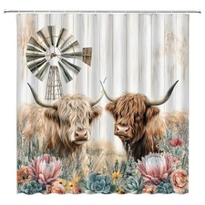 Farmhouse Highland Cow Shower Curtain Rustic Farm Animal Brown Longhorn Bull
