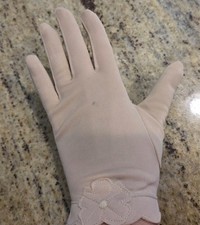 Vintage Size S Beige Nylon Stretch Formal Gloves Flower Wrist