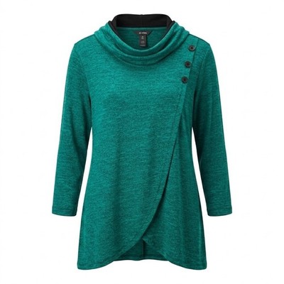 Ali Miles Womens 1X Green Heathered Cowl Neck Button Wrap Front Tunic Top