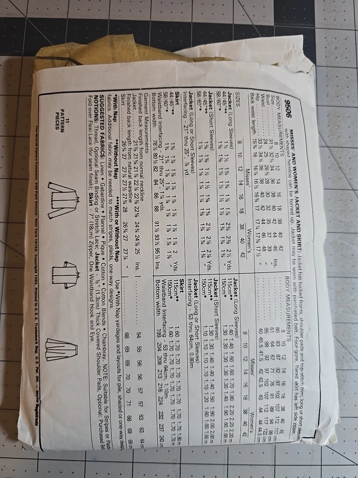 McCall's 9506 Skirt Jacket Sewing Pattern Sz. 42 B46 Current Sz 24 Vintage Cut - Image 2 of 2