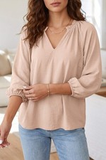 Parchment V Neck Gathered Cuff Three Quarter Sleeve Blouse