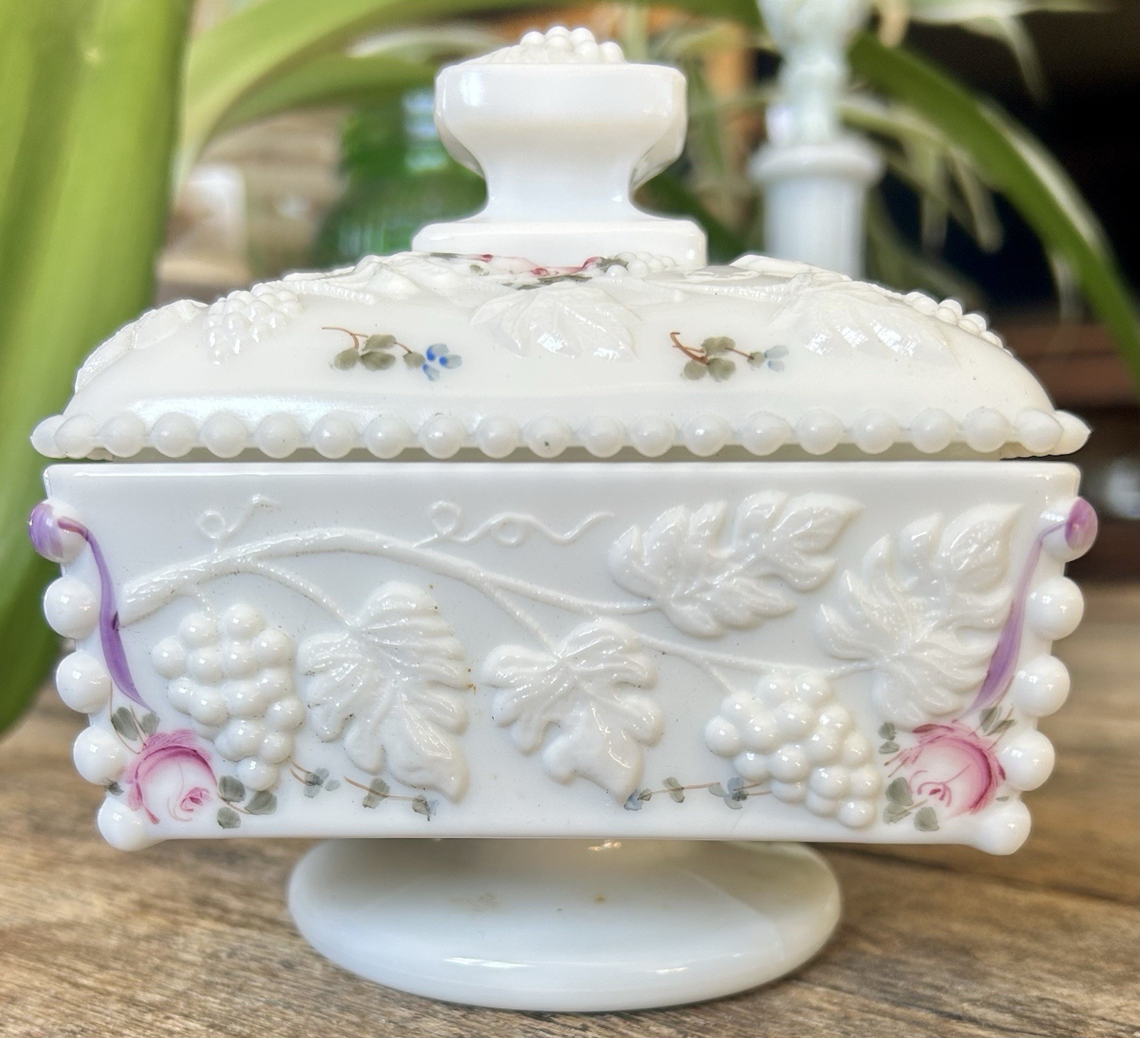 Westmoreland Wedding Box/Candy Jar ~ Hand Painted Milk Glass Compote