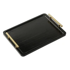 Wooden Serving Tray with Metal Handles, Black Decorative Coffee Table Tray fo...