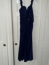 Navy Blue Formal Sleeveless Gown with Lace and Sequin Details