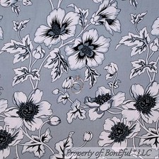BonEful Fabric FQ Cotton Quilt VTG Gray Black White B W Rose Flower Leaf Garden