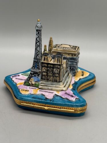 VTG Limoges France Deco Peint Main Porcelain Paris Trinket Box Map Notre Dame - Picture 10 of 18