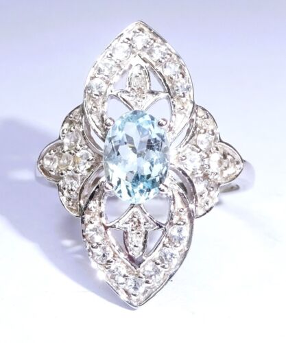 Large 9ct White Gold Aquamarine, White Topaz & Diamond Cocktail Ring, Size N1/2 - Picture 4 of 13