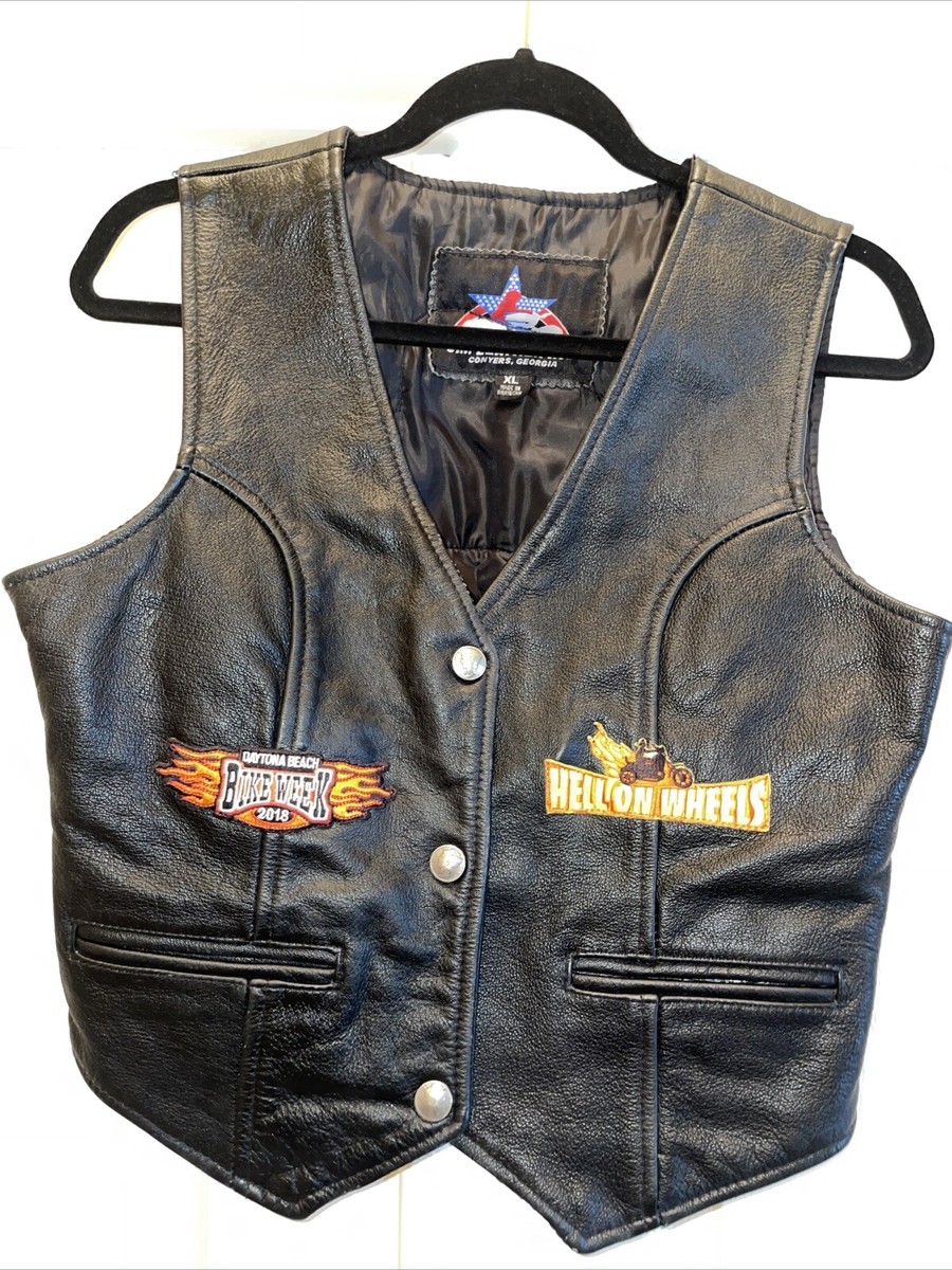 Black Leather Biker Vest Women's XL Liberty Dime buttons